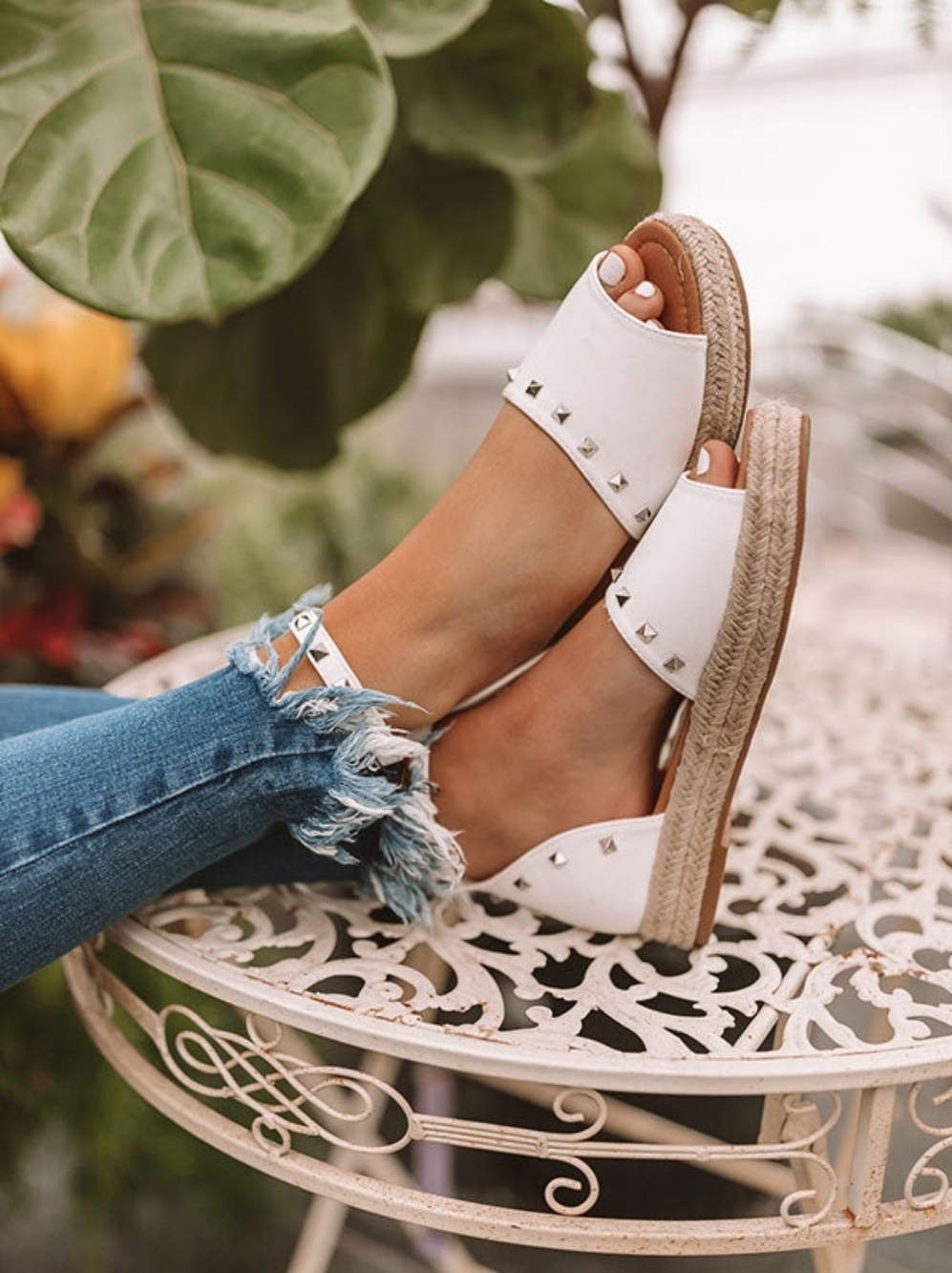 White Studded Platform Ankle Strap Open Toe Woven Wedge Espadrilles | Size 8